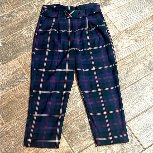TOPSHOP Checkered Cropped Trousers High Rise Women’s 6 Navy Belted Plaid modern - Picture 5 of 12